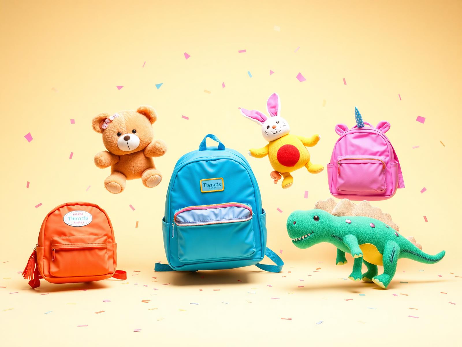 Colorful Nexlygenz backpacks and plush toys floating with confetti